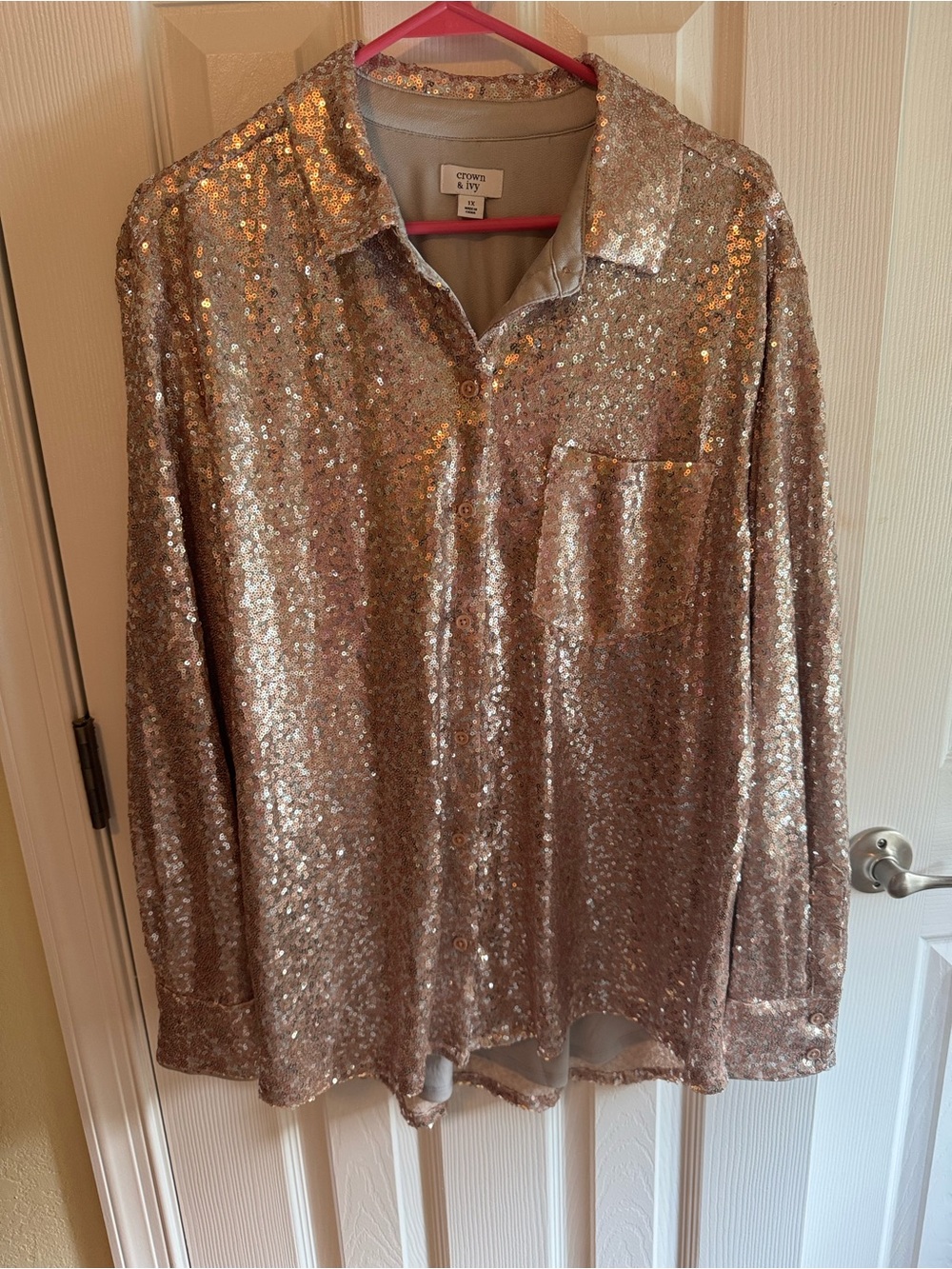 crown & ivy Rose Gold Sequin Button-Down Shirt